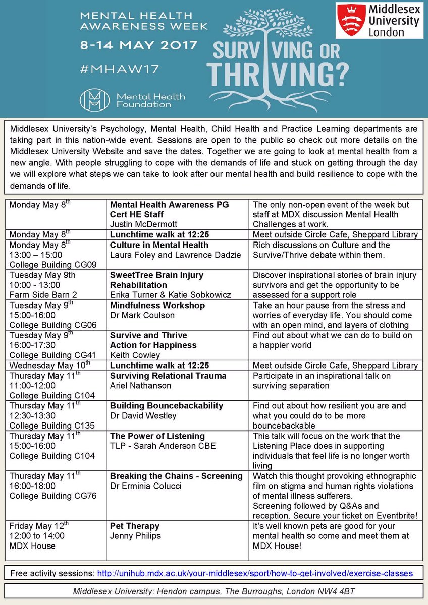 Mental Health Awareness week 2017 <a href="/MiddlesexUni/">Middlesex University</a> . See you here for amazing speakers on survive/thrive topic #MHAW17
