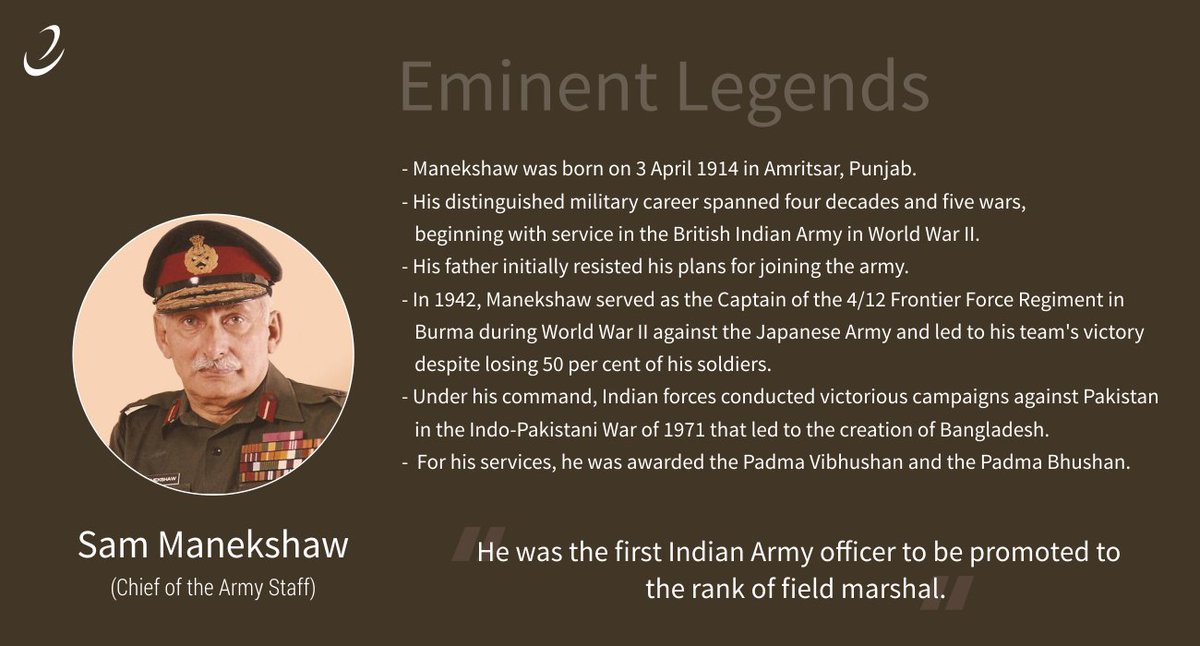 EmiproTech's tweet image. #Legend - 26 | Sam Manekshaw #Eminent #EminentLegend #EmiproTech #mondaymotivation #Motivation #EminentPeople #EminentLegends