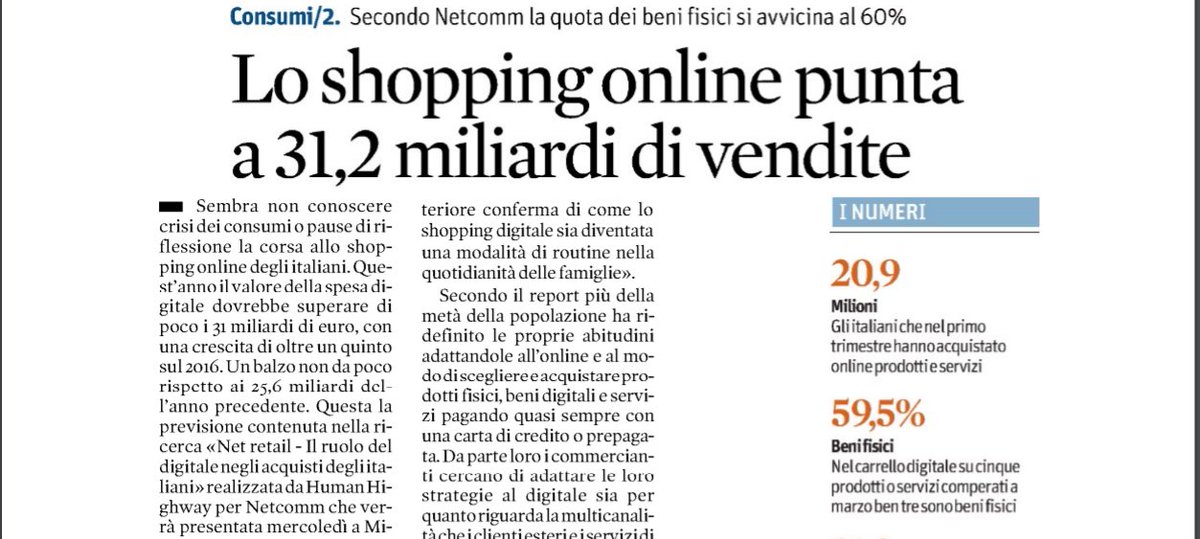 BDaigo's tweet photo. Su Sole24Ore l indagine di @ConsNetcomm che verrà presentata mercoledì a Milano durante il #NetcommForum2017 su #ecommerce https://t.co/yZ5mK4aJrS