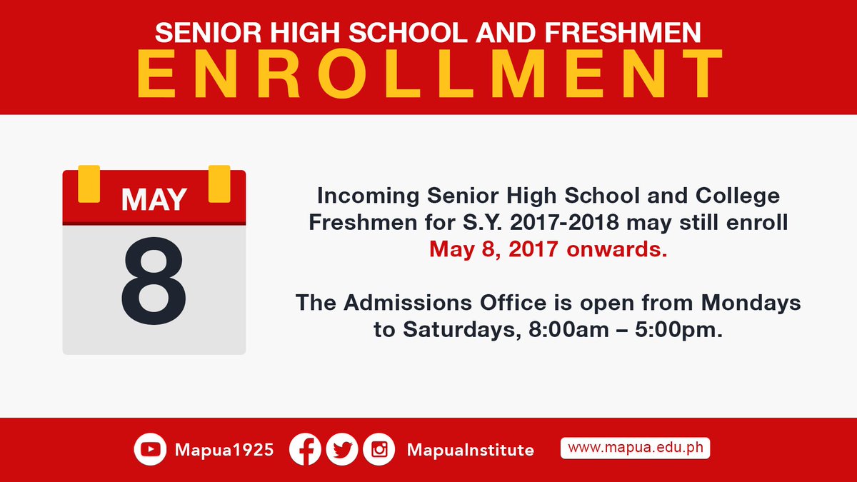 MapuaUniv's tweet photo. Please be advised that the enrollment for incoming freshmen and senior high school students is extended. https://t.co/CXjKTbagip