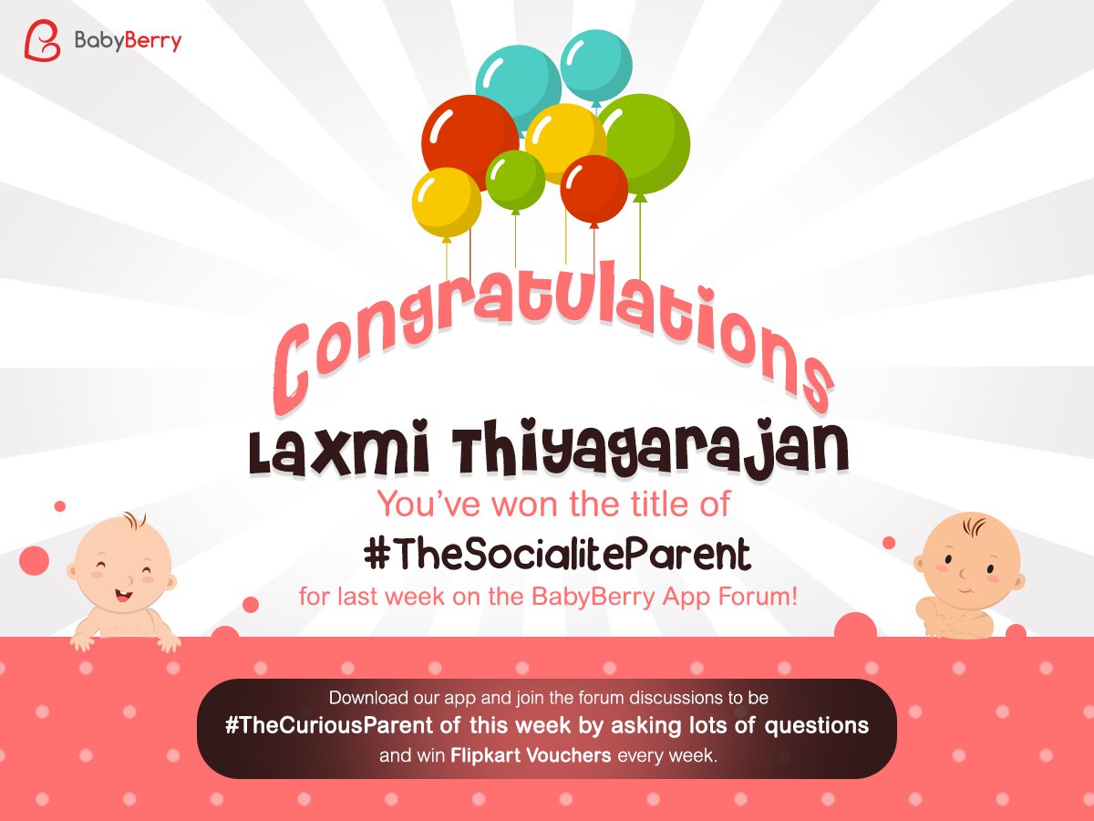 BabyBerryApp's tweet photo. Congratulations Laxmi Thiyagarajan. #Parents get ready for this week’s title by being the #CuriousParent on our #Forum!
#WinTheParentTitle https://t.co/vEMP8UIQka