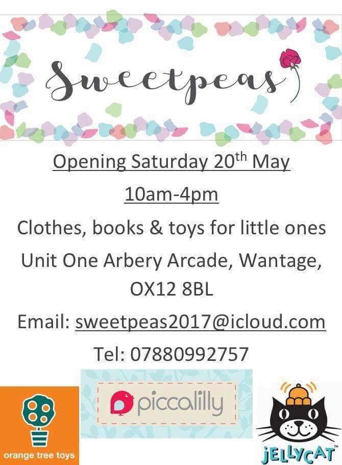 WantageTCM's tweet photo. Opening day for new #indie children's shop, Sweetpeas, and open day at studio/shop @meryn_uk. Arbery Arcade, #Wantage, May 20th. #shoplocal https://t.co/FmF42BcQkt