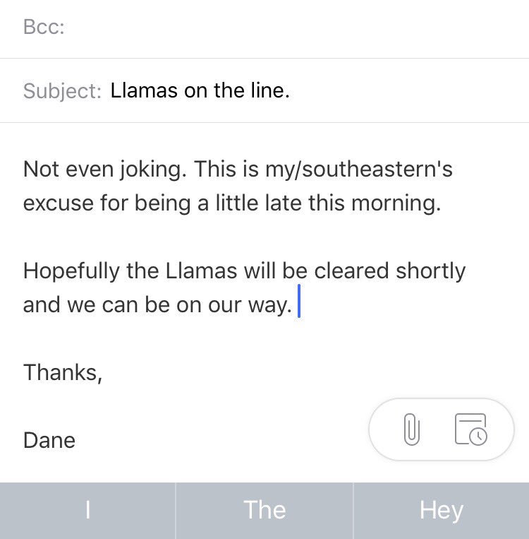 DaneWhitehurst's tweet photo. New best excuse ever from @Se_Railway #llamasontheline. I actually just had to send this email. https://t.co/VGqsQVWpCS