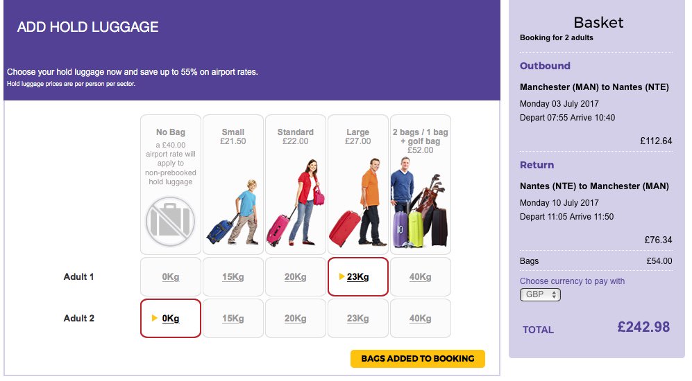 Morning <a href="/flybe/">Flybe ✈</a> I’m trying to book flights to Nantes, but when I add a large hold bag at at £27, it’s adding £54 onto the total….!?