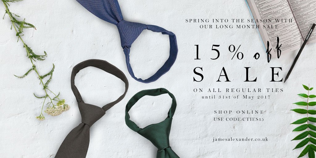 jamesalexties's tweet photo. Massive Mid-season #SALE still on! Get ALL regular ties, any colour, any fabric and any pattern weave you want at 15% OFF! #mensstyle #groom https://t.co/qPo6II4JXw
