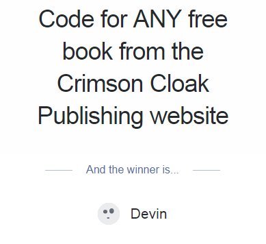 PromoDayEvent's tweet photo. Congrats to #PromoDay2017 #giveaway winner @DevSeventyFive ๐(Prize donated by @CrimsonCloakPub) https://t.co/kntQN6AJM5