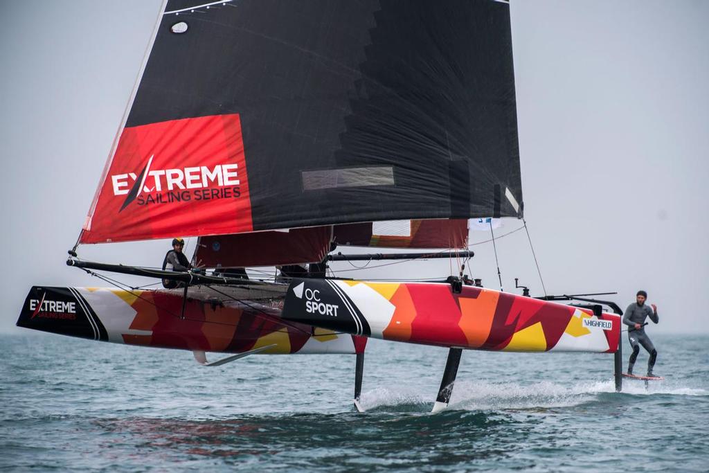 Surf_Buggy's tweet photo. Think I can claim a first fully crewed foiling cat towing a foil board? #Apsu_suppliment #extremesailingseries #zhik https://t.co/NDUqwM7kwR