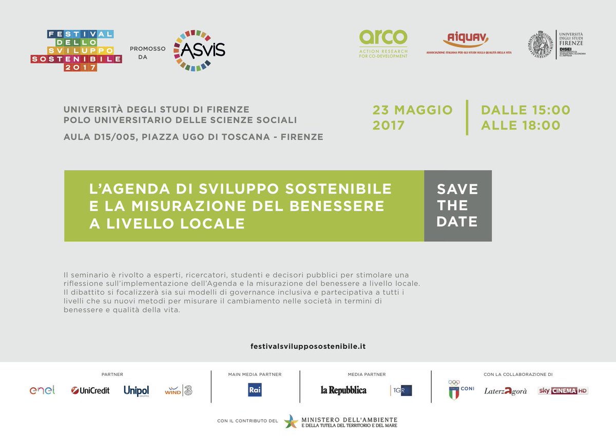 lab_arco's tweet photo. Save The Date!  23 Maggio "#Agenda2030 e #misurazione #benessere locale" #FestivalSviluppoSostenibile @ASviSItalia @UNI_FIRENZE https://t.co/omjAcRh7LX
