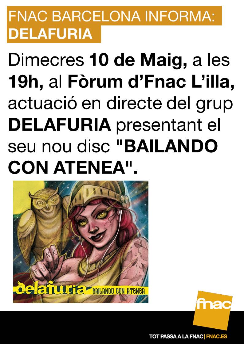Fnac_CAT's tweet photo. Aquest dimecres a les 19h al fòrum d'#Fnac @lilladiagonal actuació #endirecte de @delaFuriarock presentant #BailandoConAtenea https://t.co/XQEzfv9T6i