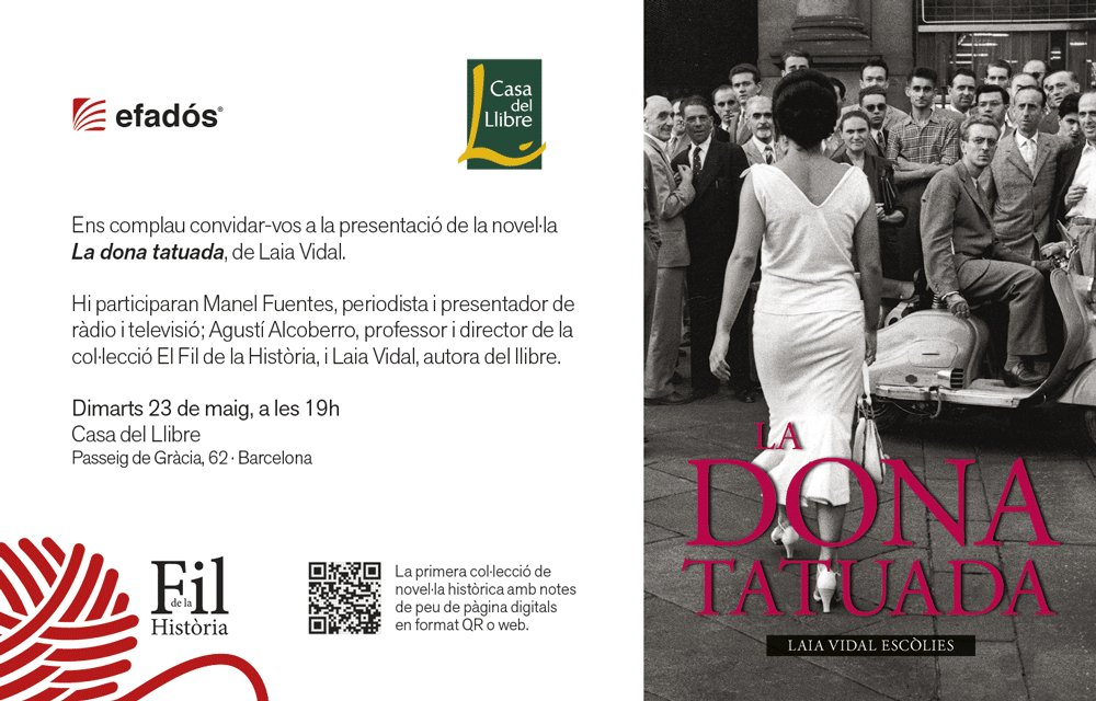 El proper 23 de maig l’escriptora <a href="/LaiaVidEs/">Laia Vidal</a> presenta #LaDonaTatuada a @CdL_Barcelona amb <a href="/Fuentes_Manel/">Manel Fuentes</a> i <a href="/AgustiAlcoberro/">Agusti Alcoberro</a>. No hi faltis!