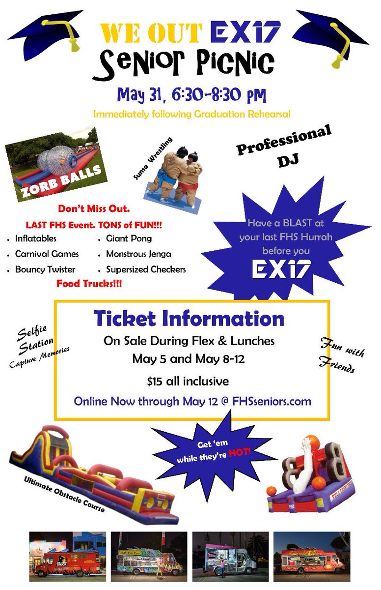 FriscoHigh2017's tweet photo. Tickets, get your tickets! $15 Senior Picnic, We Out EX17!!!! Super amazing, tons of fun, you won't want to miss it! Flex &amp; Lunches all week https://t.co/iqGZGac7mO