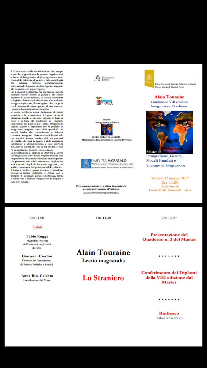 MasterImmigrazi's tweet photo. 12 maggio: Alain Touraine inaugura la nona edizione del Master in Immigrazione dell'Università di Pavia ore 11.00 - Aula Foscolo https://t.co/jUNNuhJYDH