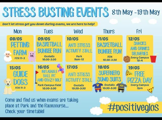 Happy stress-busting Fortnight! Check out these events over the next two weeks to de-stress from uni work 😃 #positiveglos
