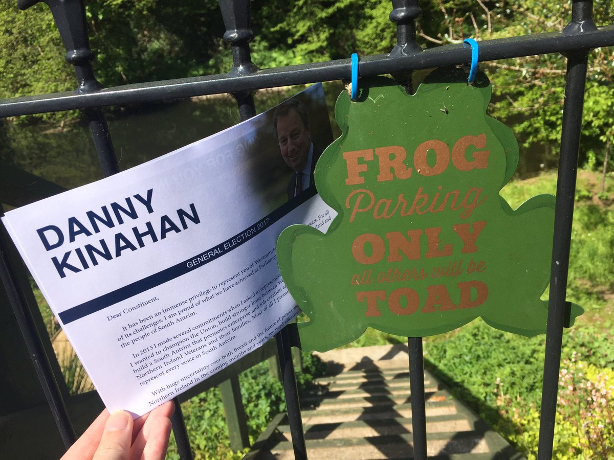 SouthAntrimUUP's tweet photo. Punbelievably good sign in Antrim. Frog parking only, others will be Toad. 🤣 #ge17 #VoteKinahan @ddebk https://t.co/zqd5cOAaVp