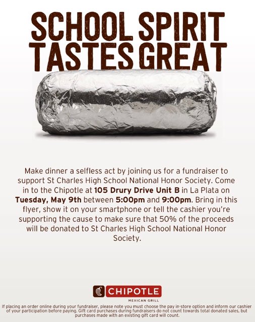 stcharlesnhs's tweet photo. FUNDRAISER ALERT‼️: Tomorrow, La Plata Chipotle, 5:00pm - 9:00pm ‼️ https://t.co/gnPxhbP43H