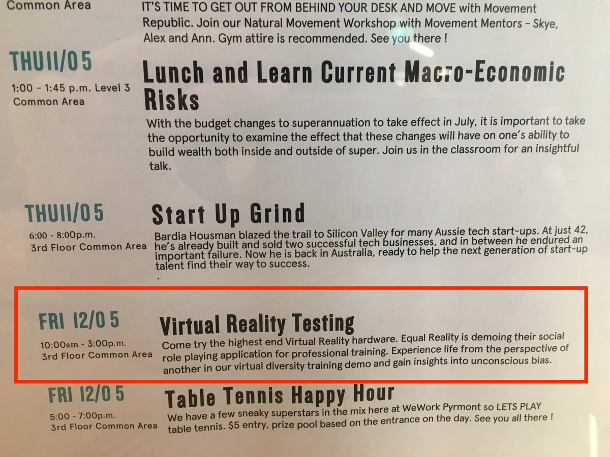 Come check out our #VR demo in the common area of <a href="/WeWork/">WeWork</a> in Pyrmont this Friday! #UnconsciousBias #UB #CorporateTraining #Testing #UX