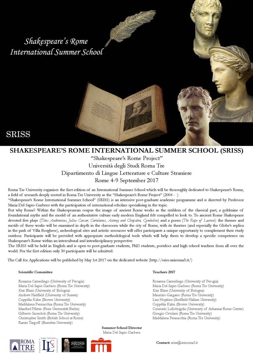 EuroShakespeare's tweet photo. SHAKESPEARE’S ROME INTERNATIONAL SUMMER SCHOOL (SRISS)
“Shakespeare’s Rome Project”
Universal degli Studi Roma Tre
(4-9 September, 2017) https://t.co/Wwx9u9M1U1