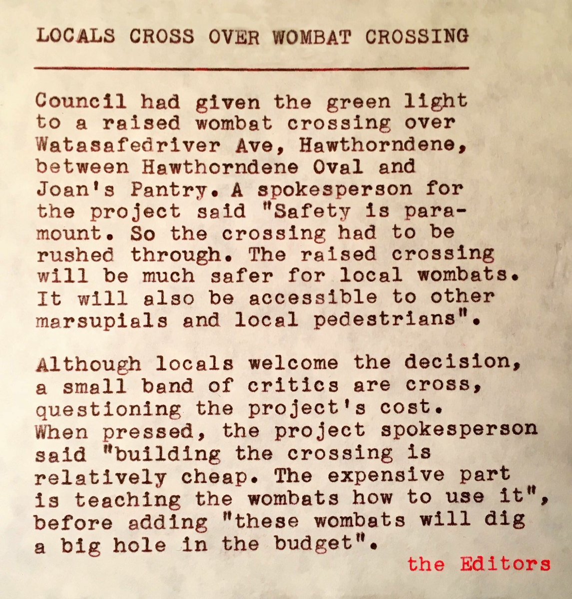 DeneDaily's tweet photo. LOCALS CROSS OVER WOMBAT CROSSING

#HawthorndeneDaily #Hawthorndene #LocalNews #TypewriterNews #WatasafedriverAve #WombatCrossing https://t.co/Bbn9h5CkMP
