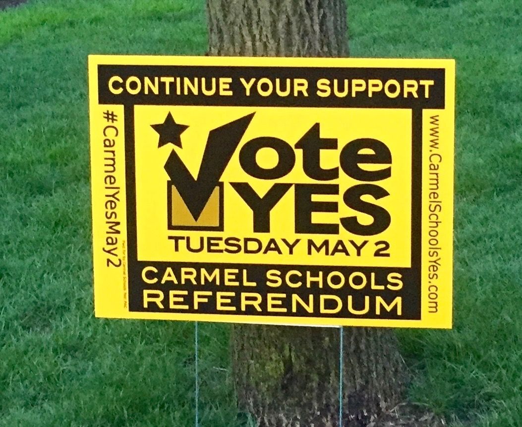 CarmelYesMay2's tweet photo. Please take down your yard signs-the rain has stopped! We will be online for another day, so if you need the PAC please message us. Thanks! https://t.co/1KkEpADW9I