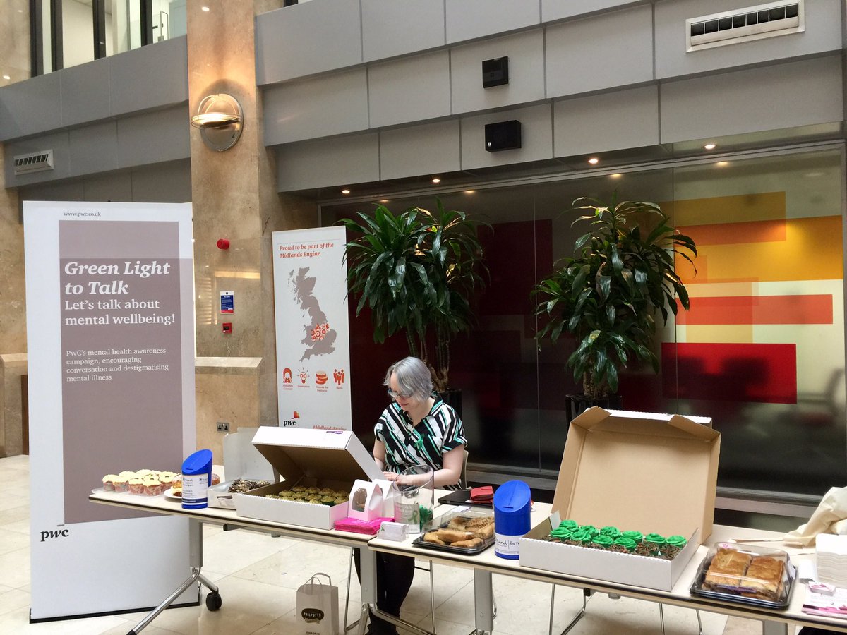 Jacqwho's tweet photo. #MHAW17 is here! Work has been lit up in green, green ribbons are trending, bake sales for Mind are going well :)  @DAWNPwCUK @PwC_Midlands https://t.co/e6JJsd5Xzh