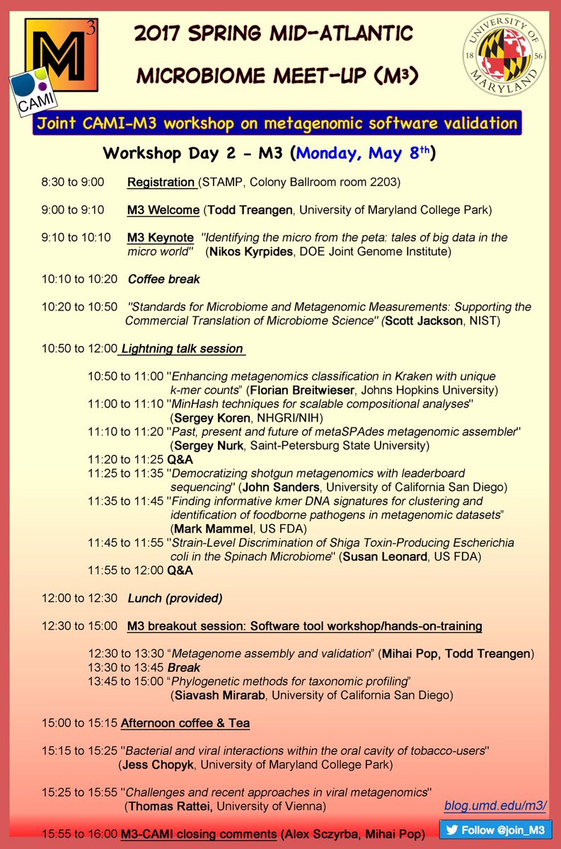 join_M3's tweet photo. TODAY! Workshop May 8, #CAMI_M3 @CAMI_challenge @UMDResearch #Metagenomics @bioboxes https://t.co/EsQh8jjBmE