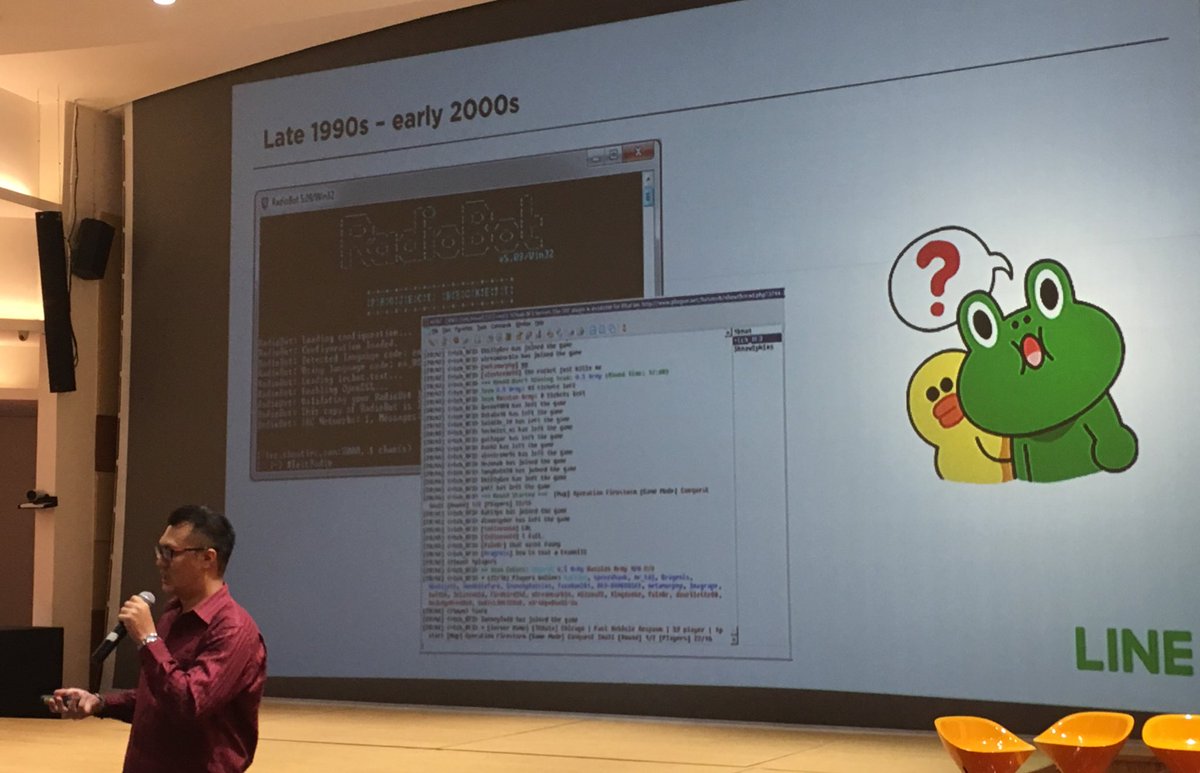 Remember #mIRC ? The old glory days of bots ... Matthew from <a href="/LineIDN/">Line Indonesia</a> on stage walking through the development of bots