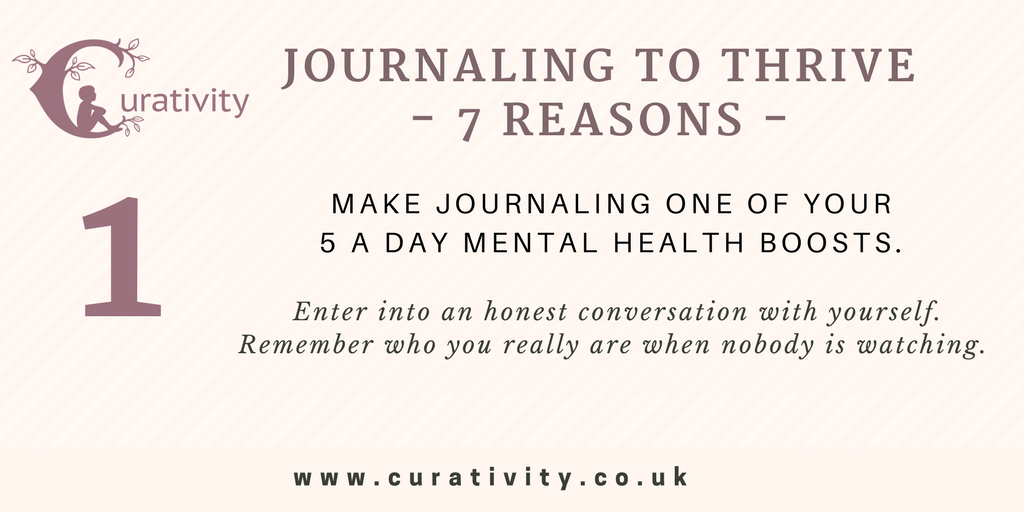 Journaling: 1 of your 5 a day mental health boosts! Journal to thrive. #mhaw17 #MentalHealthAwarenessWeek #journaling