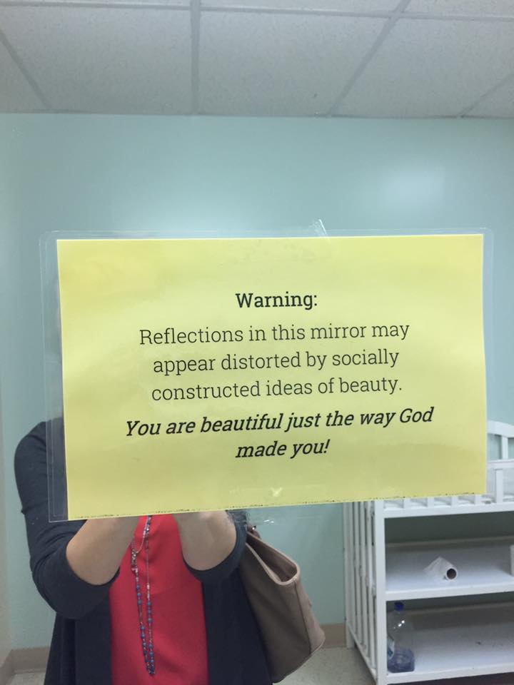 MarHoytSnyder's tweet photo. So awesome! PSA posted on mirror in rest room at a friend's church. https://t.co/2UEF6SNMvq