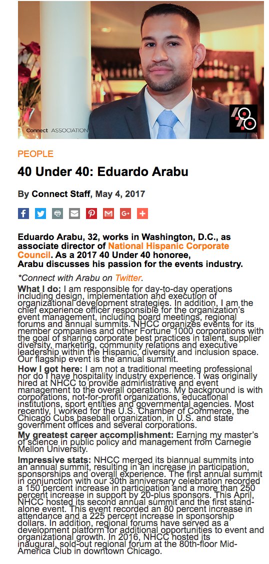 eduardoarabu's tweet photo. Honored to be featured as one of @_ConnectAssoc's #40Under40 ... Read more via https://t.co/IDh75nayTZ https://t.co/QG8iRTCjO1