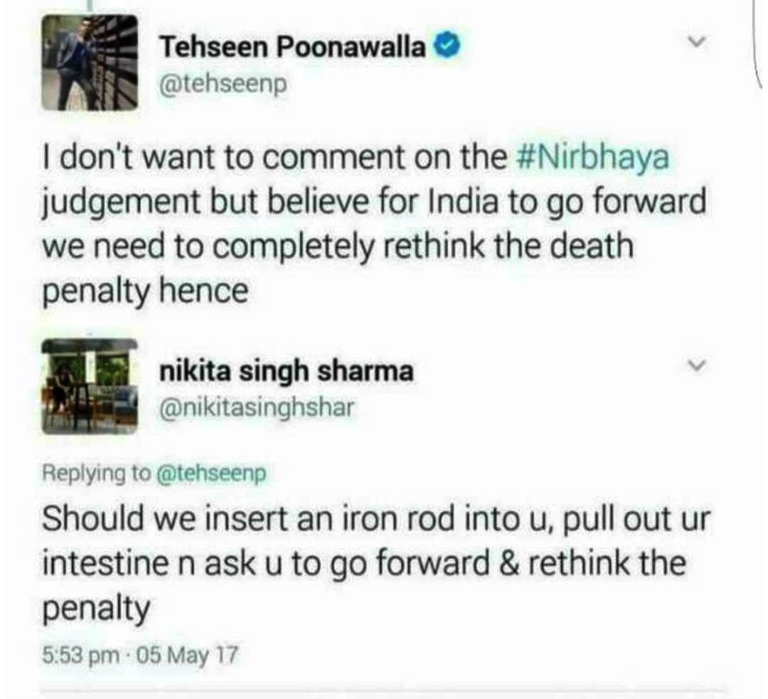prafful_sarda's tweet photo. @WithRV @irobertvadra this is wht #FakePoonawalla has to say !and superb revert @nikitasinghshar #India's brave girl. salute https://t.co/TAQ3xnq4vD