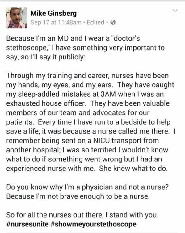 “Do you know why I’m a physician and not a nurse? Because I’m not brave enough to be a nurse.” ~ Mike Ginsberg
#ShowMeYourStethescope