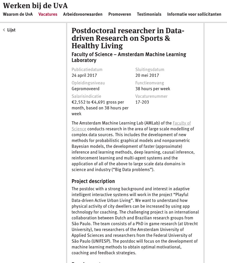 Vacature! Postdoc <a href="/UvA_Amsterdam/">UvA Amsterdam</a> ihkv programma "Data driven research on sports" in samenwerking met @krachtvansport uva.nl/shared-content…