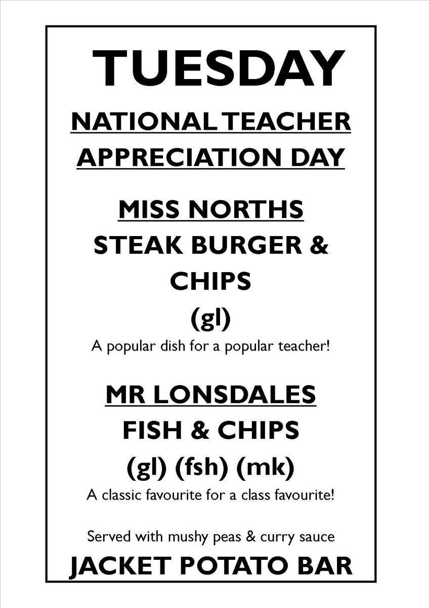 HorsforthFood's tweet photo. #NationalTeacherAppreciationDay

Check out our special menu for tomorrow 

@HorsforthEng @HorsforthEngLit @HforthHistory @HorsforthSchool https://t.co/jEOvxveObF