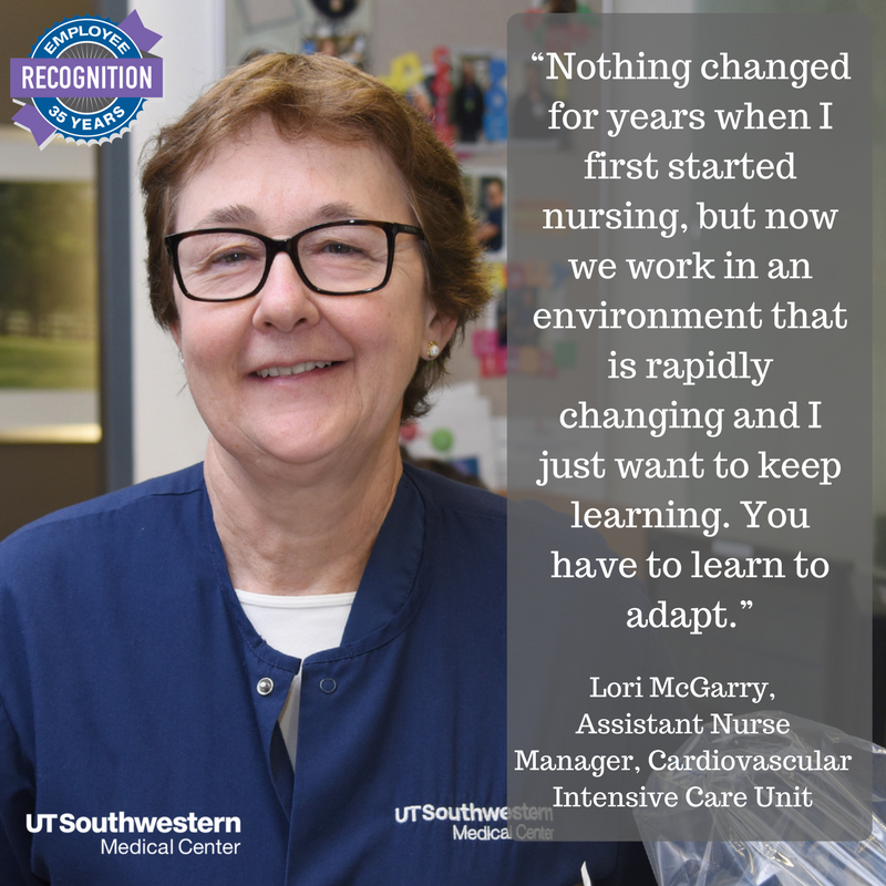 UTSWMedCenter's tweet photo. Lori McGarry's most memorable moment in her 35-year-career happened on a ladder. Full story: ttp://bit.ly/2pJJtV4 #EmployeeRecognitionWeek https://t.co/D2EFcAMD54