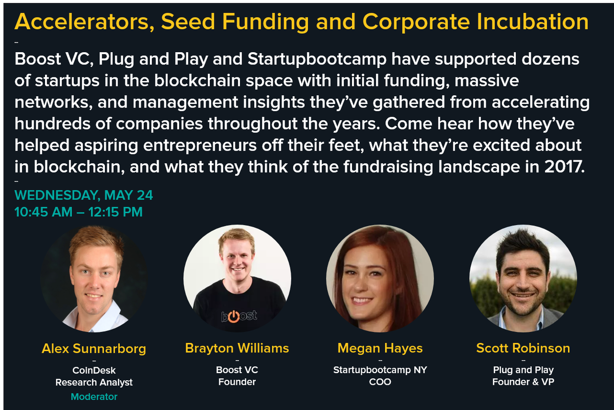 CoinDesk's tweet photo. Join @braytonkey, @sbcMegan, and @TheScottRob talking about investing in blockchain companies at #Consensus2017. https://t.co/hPXLbaAsU1 https://t.co/p98rFd1hBZ