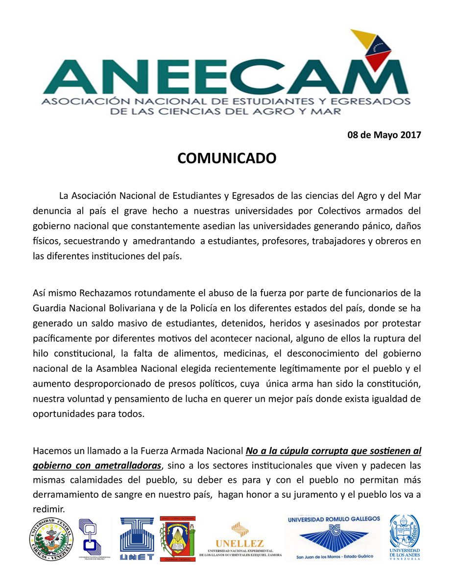 ANEECAMVE's tweet photo. Comunicado de la #ANEECAM al País #8May #VzlaDiceNOALaDictadura https://t.co/HYLhxUIrYV