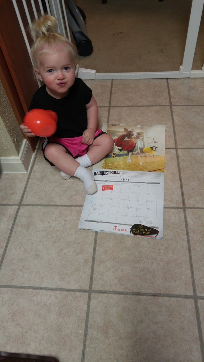 JustinLLacey's tweet image. "Moo" is Harper's new animal sound fascination, so she is suddenly a BIG fan of our @ChickfilA cow calendar.