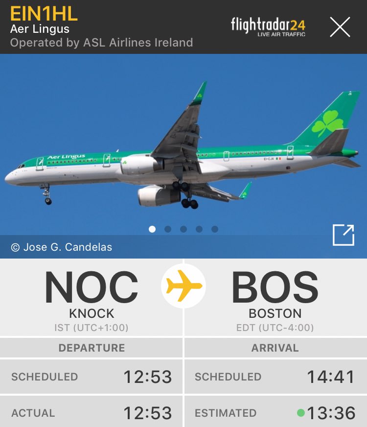 FlightIntl's tweet photo. Aer Lingus flight #EI135 from Shannon to Boston diverted to Knock (NOC) earlier today and is continuing to BOS now https://t.co/FDnTt3VXzG