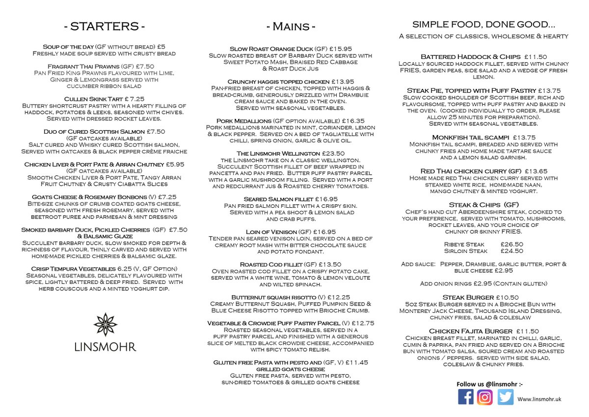 New Restaurant Menu now available #dinnermenu #linsmohr #greatchoices #foodieheaven #sundaylunch #dinneraberdeenshire