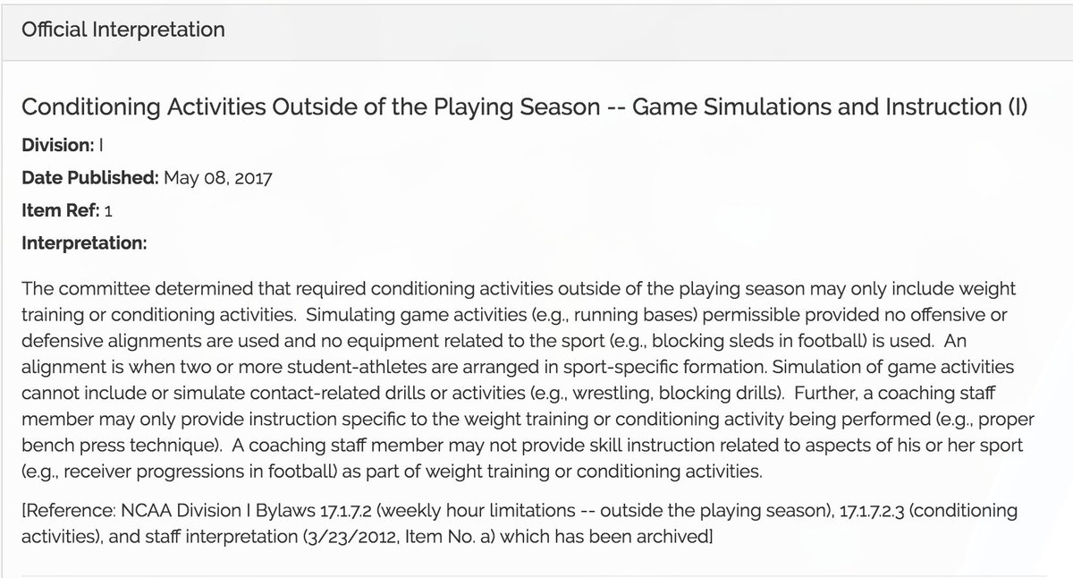 A new <a href="/NCAA/">NCAA</a> official interp on conditioning activities outside the season. Some clarity on simulating game activities or using alignments.