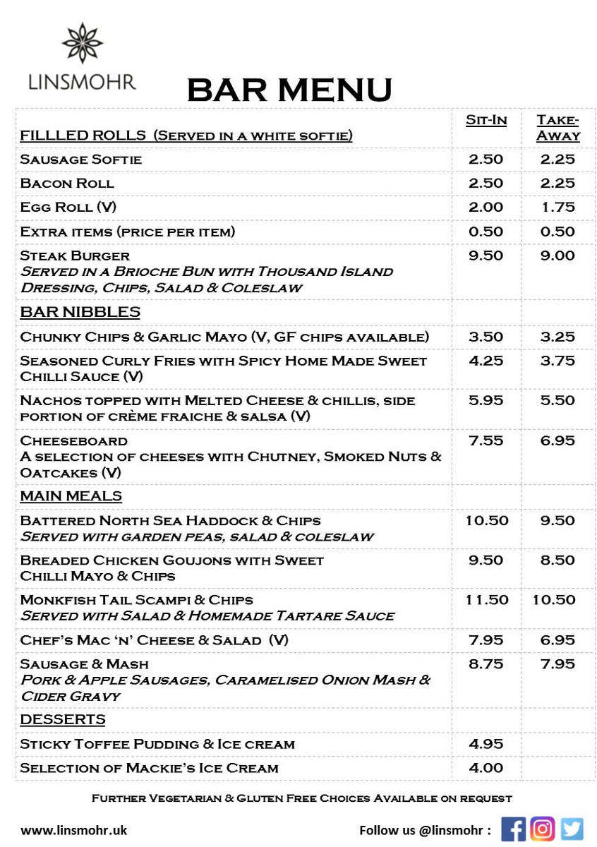 Bar &amp; Takaway Menu now available #takeaway #barmeals #linsmohr #foodaberdeenshire #bestfishandchips #greatfood #comeandtry