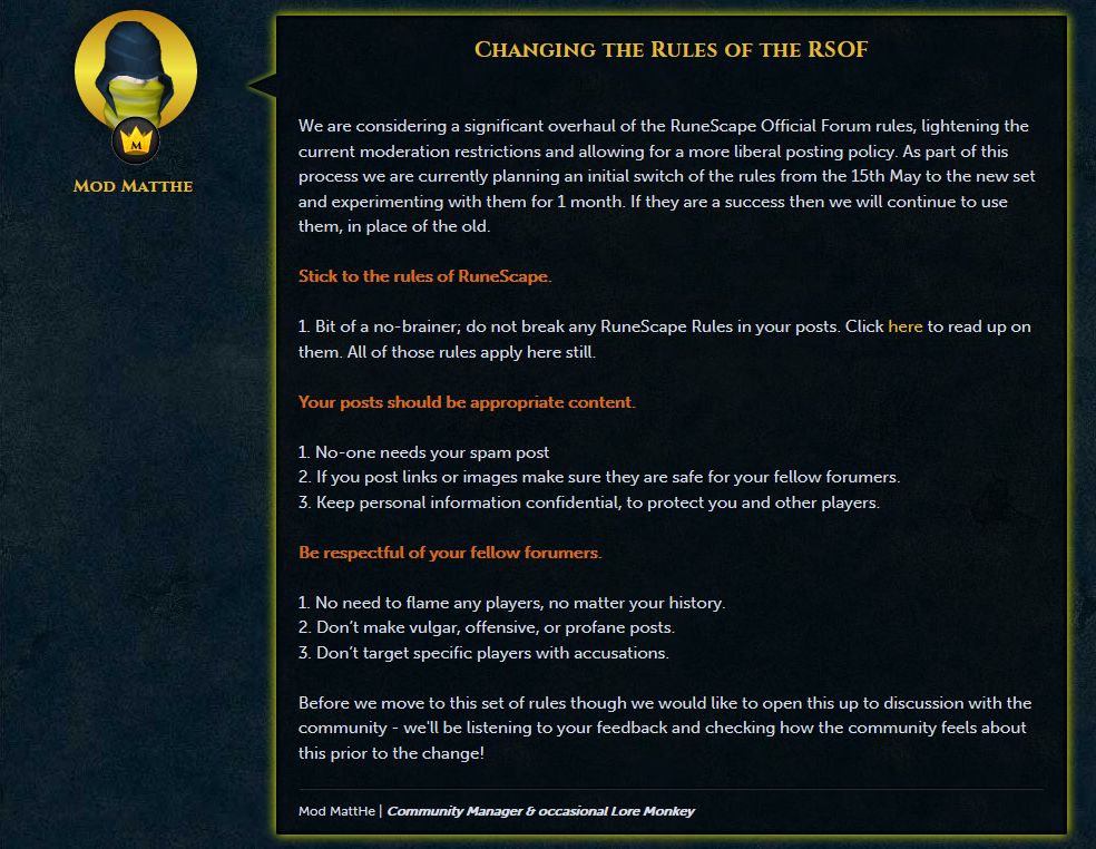 JagexHelpMaxi's tweet image. New @RuneScape Forum rules incoming on the 15th of May - read more here! 

services.runescape.com/m=forum/forums…