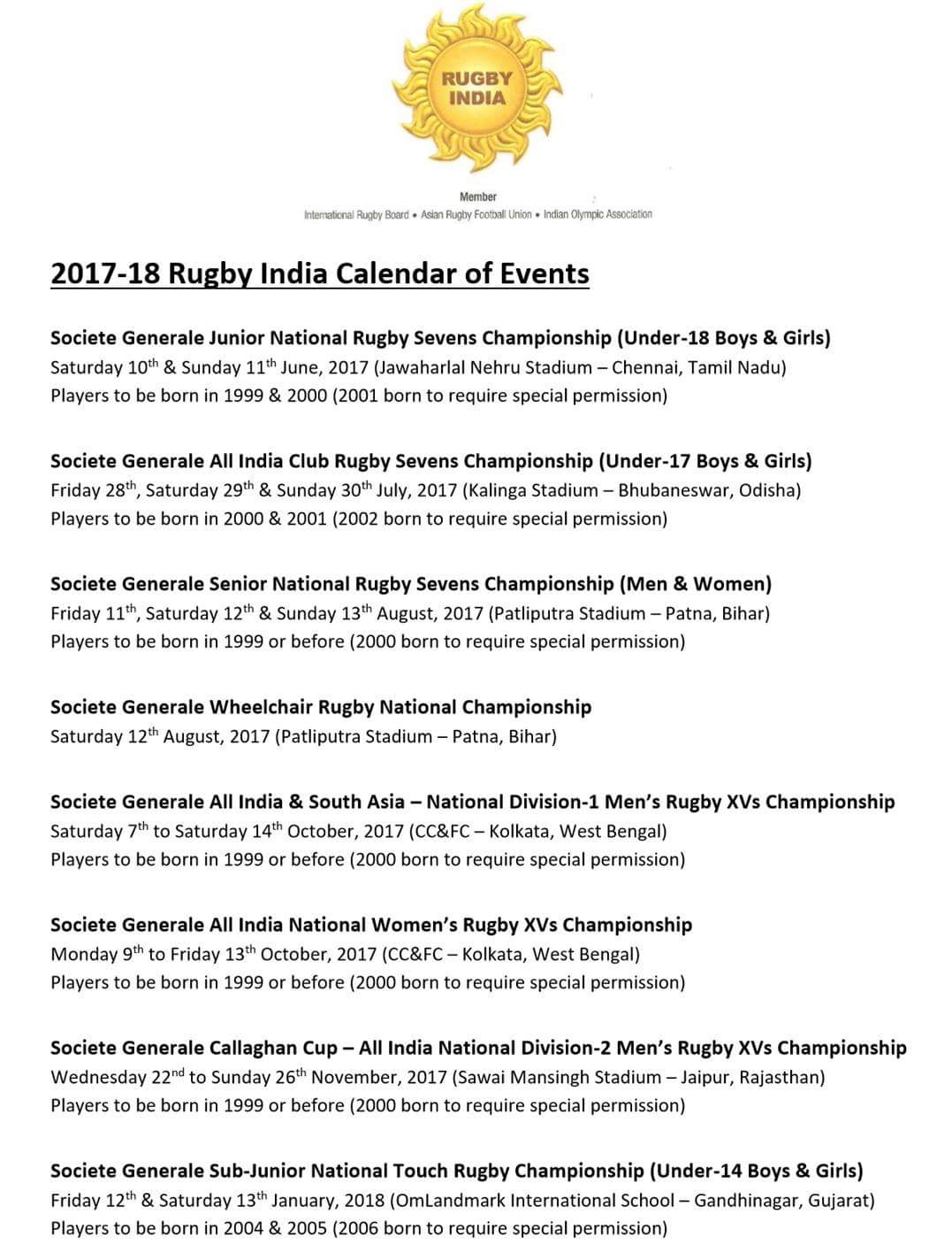 Rugby India on X: "@RugbyIndias 2017-18 Rugby Calendar for National  Tournaments! #becauseweloverugby @SG_RugbyIndia #asiarugby #getintorugby  #lotsofrugby https://t.co/C0peuEXgcX" / X