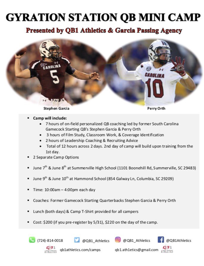 PerryOrth10's tweet photo. ‼️Calling QB's of all ages! @StephenGarcia and I are hosting our first set of QB camps in Columbia/Charleston in about a month! #QB1Family‼️ https://t.co/YcT18Hyq07