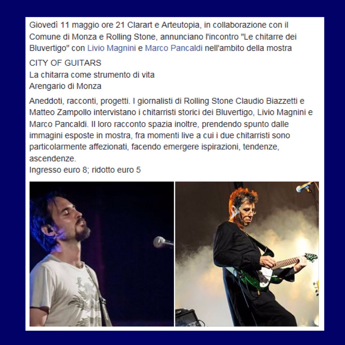 RobertaSotgiu's tweet photo. 🎸Le chitarre dei #Bluvertigo 🎸
Giovedì 11 #MarcoPancaldi e #LivioMagnini si raccontano a #CityOfGuitars Monza
Info https://t.co/5YqrshujTV https://t.co/L05zvGtpq4