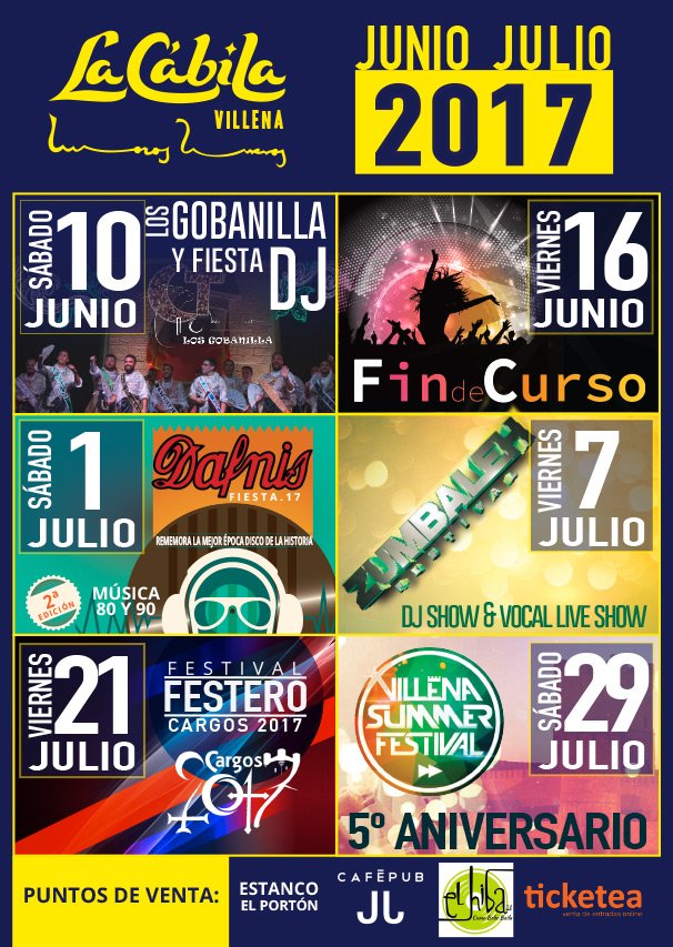 Fiestas en LA CÁBILA JUNIO y JULIO VERANO17
y para celebrarlo 
SORTEAMOS un pase VIP para todas ellas
✅ SIGUENOS
✅ RT
✅ MeGusta

Y GANA!!!