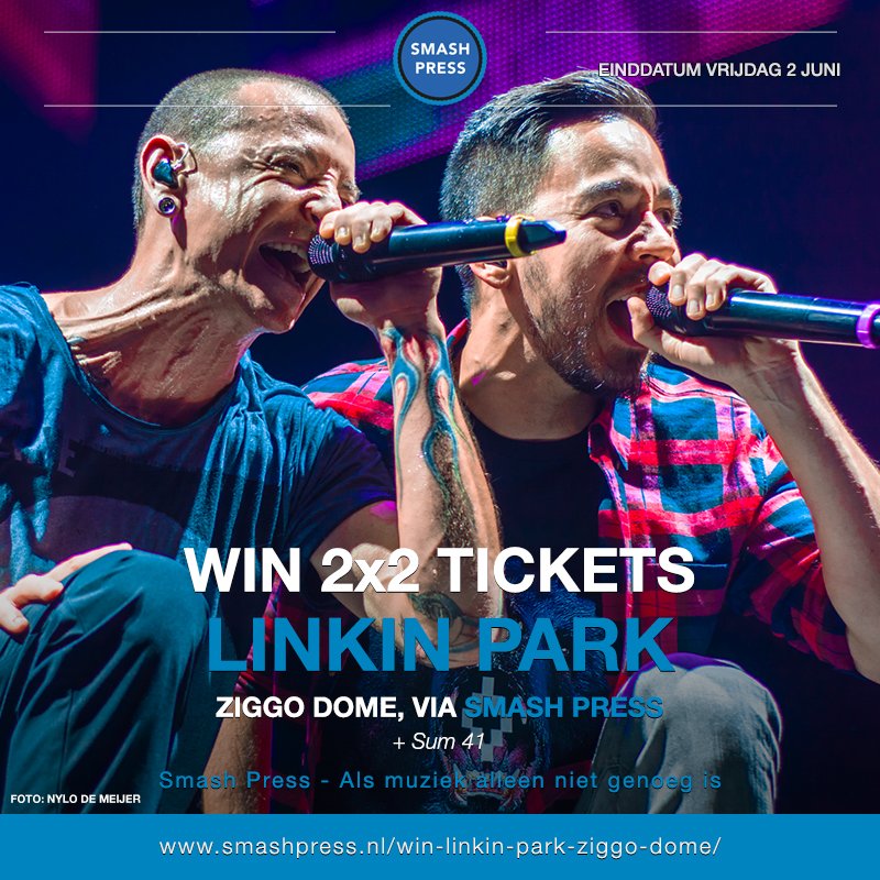 SmashPress's tweet photo. WIN: 2x2 tickets voor Linkin Park en Sum 41 in Ziggo Dome. CHECK HIER HOE: https://t.co/4upBiayL0r https://t.co/bSl4uvdv54
