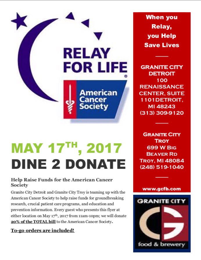 Come out to Granite City on May 17th! Present this flyer and 20% of your bill will go to the American Cancer Society!