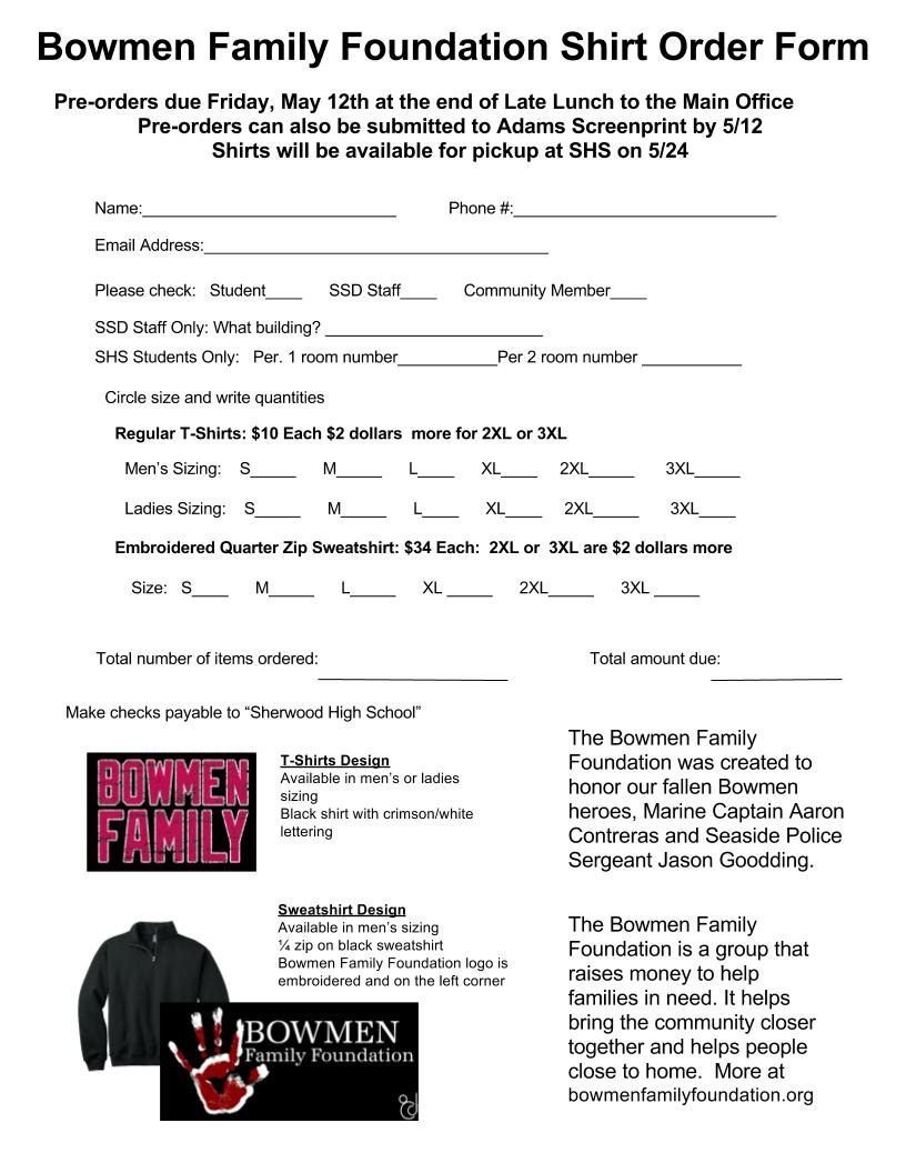 Spread the word: Bowmen Family Foundation shirts available! Orders due Friday.