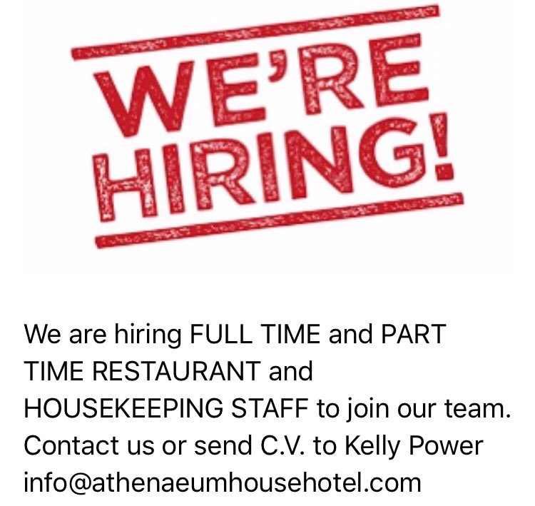 We are hiring FULL TIME &amp; PART TIME RESTAURANT &amp; HOUSEKEEPING STAFF to join our team. Email CV to info@athenaeumhousehotel.com 
#jobfairy